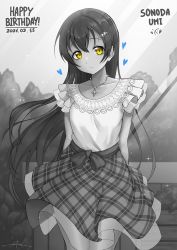 Rule 34 | 1girl, arms behind back, artist name, blush, character name, collarbone, cowboy shot, dated, day, frills, glint, grey theme, greyscale, hair ornament, hairclip, heart, highres, jewelry, light rays, long hair, looking at viewer, love live!, medium skirt, monochrome, necklace, outdoors, plaid, plaid skirt, shirt, signature, skirt, sleeveless, sleeveless shirt, solo, sonoda umi, spot color, sunbeam, sunlight, unsfrau, very long hair, yellow eyes