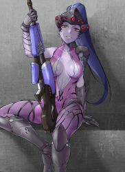 Rule 34 | 1girl, arm at side, armor, armored boots, bodysuit, boots, breasts, breasts apart, center opening, collarbone, colored skin, earbuds, earphones, earrings, gauntlets, gloves, greaves, gun, head-mounted display, helmet, highres, holding, holding gun, holding weapon, holster, jewelry, knee boots, large breasts, long hair, looking at viewer, overwatch, overwatch 1, pauldrons, ponytail, purple hair, purple skin, rifle, short sleeves, shoulder armor, sitting, skin tight, sniper rifle, solo, stud earrings, teeth, thigh holster, thigh strap, turtleneck, vambraces, visor, weapon, widowmaker (overwatch), yellow eyes, yorudo kaoru