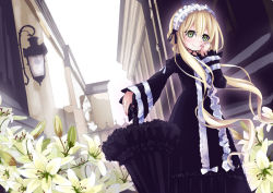 Rule 34 | 1girl, 54hao, black dress, black umbrella, blonde hair, blush, bow, closed mouth, closed umbrella, commentary request, day, dress, flower, frilled umbrella, frills, gothic lolita, green eyes, hair between eyes, hair over shoulder, hairband, hand on own face, head tilt, holding, holding umbrella, lolita fashion, lolita hairband, long sleeves, looking at viewer, low twintails, original, outdoors, smile, solo, twintails, umbrella, wall lamp, white bow, white hairband, wide sleeves