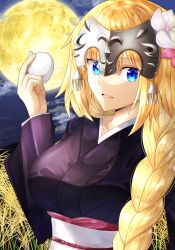 Rule 34 | 1girl, blonde hair, blue eyes, blush, braid, braided ponytail, breasts, dango, fate/apocrypha, fate/grand order, fate (series), flower, food, full moon, hair flower, hair ornament, headpiece, highres, ilsa34660285, japanese clothes, jeanne d&#039;arc (fate), jeanne d&#039;arc (ruler) (fate), kimono, large breasts, long hair, long sleeves, looking at viewer, moon, night, night sky, obi, parted lips, purple kimono, sash, sky, smile, tsukimi, tsukimi dango, very long hair, wagashi, wide sleeves