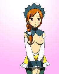 Rule 34 | 1girl, breasts, brown eyes, brown hair, coco (fairy tail), fairy tail, hair ornament, highres, medium breasts, nipples, pantyhose, ponytail, skirt, solo, topless