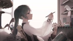 Rule 34 | 1girl, absurdres, black ribbon, black vest, blue eyes, blue hair, book, calendar (object), chair, closed mouth, collared shirt, commentary request, flower, from side, hair between eyes, hand up, hatsune miku, highres, holding, holding pencil, indoors, long hair, long sleeves, looking away, ly.t, pencil, picture frame, puffy long sleeves, puffy sleeves, reclining, ribbon, shelf, shirt, sidelocks, sitting, sleeve ribbon, sleeves past wrists, smile, solo, sticky note, twintails, upper body, vest, vocaloid, white shirt