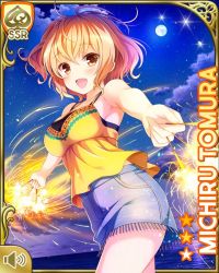 Rule 34 | 1girl, :d, beach, blue skirt, brown eyes, brown hair, card (medium), fireworks, girlfriend (kari), looking at viewer, matching hair/eyes, night, official art, open mouth, outdoors, qp:flapper, shoes, side ponytail, skirt, smile, solo, tagme, thighhighs, tomura michiru, white skirt