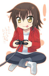 Rule 34 | 00s, 1girl, brown hair, console, game console, jacket, kusakabe misao, lucky star, otoutogimi, playing games, short hair, solo, tongue, video game, yellow eyes