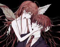 1boy 1girl asymmetrical_wings black_background brown_hair cigarette eye_contact feathered_wings flower formal_clothes hands_on_another&#039;s_head highres hitomi_hirosuke_(sayonara_wo_oshiete) leaf_wings long_hair looking_at_another mismatched_wings necktie nude rose sayonara_wo_oshiete simple_background sugamo_mutsuki suit very_long_hair wings yuyuyuyhz