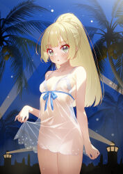 Rule 34 | 1girl, :o, babydoll, blonde hair, blush, braid, breasts, clothes lift, collarbone, commentary request, cowboy shot, creatures (company), eyelashes, game freak, gasai azusa, green eyes, high ponytail, highres, lifting own clothes, lillie (pokemon), long hair, night, nintendo, outdoors, pokemon, pokemon sm, ponytail, sky, solo, tree