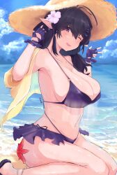 Rule 34 | 1girl, absurdres, armpits, beach, bikini, black hair, blush, breasts, brown dust 2, cloud, cloudy sky, elf, eyebrows hidden by hair, flower, frilled bikini, frills, gloves, hair between eyes, hair flower, hair ornament, hat, highres, large breasts, loen (brown dust 2), long hair, looking at viewer, navel, ocean, one eye closed, partially fingerless gloves, pointy ears, purple bikini, purple footwear, purple gloves, purple hair, rippannjaku, shirt, sideboob, sitting, sky, smile, solo, starfish, stomach, straw hat, swimsuit, wariza, yellow shirt