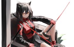 Rule 34 | 1girl, absurdres, animal ears, arknights, armchair, black hair, black jacket, black necktie, black shorts, chair, collared shirt, commentary, food, food in mouth, gloves, hair between eyes, highres, holding, holding weapon, jacket, long hair, long sleeves, looking at viewer, necktie, official alternate costume, open clothes, open jacket, plant, pocky, ponytail, red gloves, red shirt, red socks, shiro wa (shiroshironix), shirt, shorts, sidelocks, sitting, sleeves past wrists, socks, solo, striped clothes, striped shorts, sword, texas (arknights), texas (willpower) (arknights), vertical-striped clothes, vertical-striped shorts, weapon, wolf ears, yellow eyes