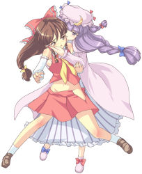Rule 34 | 2girls, alternate hairstyle, biting, blush, body blush, bow, braid, breasts, brown eyes, brown hair, detached sleeves, ear biting, female focus, grabbing, grabbing another&#039;s breast, groin, hair bow, hakurei reimu, hand under clothes, hand under shirt, hat, long hair, looking back, multiple girls, no panties, open clothes, open skirt, patchouli knowledge, purple eyes, purple hair, shirt, simple background, single braid, skirt, small breasts, tdk, touhou, twin braids, untied, yuri