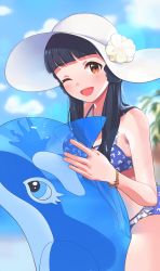 Rule 34 | 1girl, absurdres, bare shoulders, beach, bikini, black hair, blue bikini, blue hair, blurry, blurry background, blush, breasts, brown eyes, day, dolphin, flower, hat, highres, idolmaster, idolmaster million live!, idolmaster million live! theater days, inflatable dolphin, inflatable orca, inflatable toy, inuyama nanami, jewelry, kitakami reika, long hair, looking at viewer, medium breasts, necklace, one eye closed, open mouth, outdoors, smile, solo, star (symbol), star necklace, swimsuit, twintails, white hat, wristband, yellow flower