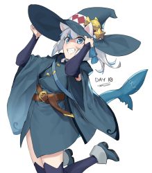 Rule 34 | 1girl, animal ears, belt, blue dress, blue eyes, blue footwear, blue hair, blue headwear, blue thighhighs, blush, brown belt, cat ears, commentary, dasdokter, dress, english commentary, fins, fish tail, gawr gura, grin, hat, highres, holding, holding clothes, holding hat, hololive, hololive english, looking at viewer, medium hair, multicolored hair, shark hat, shark tail, sharp teeth, shoes, smile, streaked hair, tail, teeth, thighhighs, virtual youtuber, white hair, witch, witch hat
