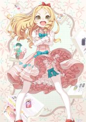 Rule 34 | 10s, 1girl, absurdres, blonde hair, blue bow, bow, brown eyes, crossed arms, dress, drill hair, eromanga sensei, frilled dress, frills, gunbuster pose, hair bow, highres, lolita fashion, long hair, looking at viewer, murasakijazi, open mouth, petticoat, smile, solo, standing, thigh bow, thighhighs, white thighhighs, wind, yamada elf