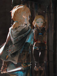Rule 34 | 1boy, 1girl, absurdres, black capelet, black gloves, blonde hair, blue shirt, braid, cage, capelet, champion&#039;s tunic (zelda), closed mouth, commentary request, crown braid, earrings, fingerless gloves, gloves, green eyes, hair ornament, hairclip, highres, holding, holding sword, holding weapon, hood, hood down, hooded capelet, jewelry, link, long sleeves, looking at another, medium hair, nintendo, parted bangs, pointy ears, princess zelda, shirt, short hair, short sword, signature, smile, sword, sword behind back, the legend of zelda, the legend of zelda: tears of the kingdom, triforce print, tsujieiri, weapon, yiga clan, yiga clan footsoldier