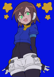 Rule 34 | 1girl, absurdres, aile (mega man zx), black bodysuit, blue background, blush, bodysuit, bodysuit under clothes, breasts, brown hair, buzzlyears, closed mouth, covered navel, cropped jacket, glowing, glowing eyes, green eyes, highres, jacket, looking at viewer, medium breasts, mega man (series), mega man zx, ringed eyes, robot ears, short hair, shorts, sigh, simple background, solo, star (symbol), upper body, white shorts