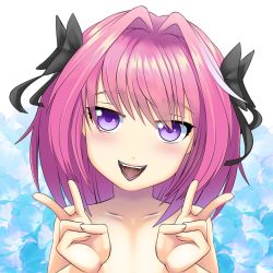 Rule 34 | 1boy, absurdres, androgynous, astolfo (fate), bare shoulders, black bow, blush, bow, candy, chocolate, chocolate heart, collarbone, double v, fate/grand order, fate (series), flower, food, hair bow, hair intakes, heart, highres, looking at viewer, mikado ryouma, open mouth, pink hair, purple eyes, smile, solo, teeth, upper body, upper teeth only, v, white background