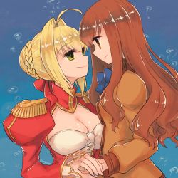 Rule 34 | 10s, 2girls, ahoge, blonde hair, blue neckwear, bow, bowtie, braid, breasts, brown eyes, brown hair, bubble, cleavage, closed mouth, epaulettes, eye contact, eyebrows, facing another, fate/extra, fate (series), french braid, green eyes, hair between eyes, hair bun, hair intakes, hair ribbon, holding hands, kishinami hakuno (female), large breasts, long hair, long sleeves, looking at another, multiple girls, nero claudius (fate), nero claudius (fate) (all), nero claudius (fate/extra), red ribbon, ribbon, school uniform, see-through, sideways mouth, single braid, single hair bun, smile, sunagimo (nagimo), turtleneck, upper body