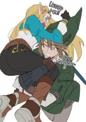 Rule 34 | 1boy, 1girl, absurdres, ass, black pants, blonde hair, boots, carrying, carrying person, english text, gloves, green headwear, green tunic, grey eyes, hanaberin, hat, highres, juliet sleeves, long hair, long sleeves, nintendo, pants, pointy ears, princess zelda, puffy sleeves, short hair, sketch, the legend of zelda, the legend of zelda: breath of the wild, the legend of zelda: twilight princess, time paradox, tunic, wavy mouth