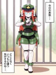 Rule 34 | 1girl, android, beret, blue eyes, braid, crossover, hat, highres, hong meiling, humanoid robot, looking at viewer, mechanization, red hair, robot, robot neoanthropinae polynian, science fiction, shirosato, touhou, twin braids