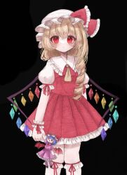 1girl black_background crystal_wings doll drill_hair drill_sidelocks flandre_day flandre_scarlet hat hat_ribbon highres looking_at_viewer mitama311 mob_cap one_side_up red_eyes red_ribbon red_skirt red_vest remilia_scarlet ribbon shirt short_sleeves sidelocks simple_background skirt solo thighhighs touhou vest white_hat white_shirt white_thighhighs