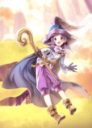 Rule 34 | 10s, 1boy, black gloves, black hair, boots, bow, cape, gloves, hat, holding staff, idolmaster, idolmaster side-m, looking afar, male focus, okamura nao, open mouth, purple eyes, rice (rice8p), smile, solo, staff, witch hat, wizard hat