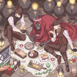 Rule 34 | 3boys, apple, arizuka (catacombe), baguette, basket, black gloves, black hair, blanket, bloodborne, boots, bread, cheese, cloak, closed mouth, commentary request, cookie, cup, dark-skinned male, dark skin, doughnut, closed eyes, fire, fire, flower, food, fork, fruit, gloves, grapes, hat, head wreath, highres, holding, holding cup, holding food, holding hands, hunter (bloodborne), jam, jar, knife, lamp, long sleeves, looking at another, matchbox, matches, missing tooth, multiple boys, oedon chapel dweller, open mouth, pants, picnic, pie, pie slice, plate, pot, red cloak, sandwich, saucer, shirt, sitting, sleeves rolled up, smile, stone floor, strawberry, suitcase, tea, teacup, tile floor, tiles, tricorne, vest, white flower, white hair, white shirt, yellow eyes