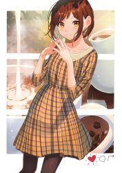 Rule 34 | 1girl, bang dream!, black pantyhose, brown eyes, brown hair, coffee beans, coffee cup, collarbone, cream, cup, disposable cup, dress, fingers together, hazawa tsugumi, looking at viewer, orange dress, pantyhose, plaid, plaid dress, poligon (046), pouring, short hair, smile, solo, steepled fingers