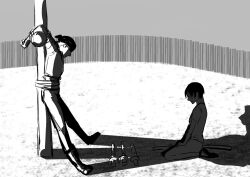 Rule 34 | 1boy, 1girl, bandana, black bandana, closed mouth, codedredalert, crucifixion, from side, full body, hands on legs, hands on own legs, head scarf, katana, kneeling, kuina, monochrome, one piece, roronoa zoro, shadow, short hair, silhouette, sitting, sword, time paradox, weapon
