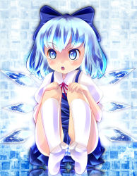 Rule 34 | 1girl, bad id, bad pixiv id, blue dress, blue eyes, blue hair, bow, chestnut mouth, cirno, dress, hair bow, hands on own knees, ice, ice wings, kneehighs, matching hair/eyes, oimo (imoyoukan), oimonocake, open mouth, panties, pantyshot, sitting, socks, soles, solo, striped clothes, striped panties, tabi, thighhighs, thighs, touhou, underwear, upskirt, wings