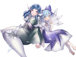 Rule 34 | barefoot, blue bow, blue dress, blue eyes, blue hair, blush, bow, cirno, commentary request, dark blue hair, dress, drill hair, fins, frilled kimono, frills, gin fragrans, green kimono, hair bow, head fins, highres, holding hands, ice, ice wings, invisible chair, japanese clothes, jewelry, kimono, looking at viewer, medium hair, mermaid, monster girl, necklace, obi, obijime, open mouth, pinafore dress, sash, scales, short hair, signature, simple background, sitting, sleeveless, sleeveless dress, smile, touhou, v, wakasagihime, white background, wings