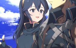 Rule 34 | 1boy, 1girl, ahonoko, armor, black gloves, black sweater, blue cape, blue eyes, blue hair, blue sky, cape, chrom (fire emblem), closed mouth, cloud, commentary request, day, father and daughter, fingerless gloves, fire emblem, fire emblem awakening, gloves, hair between eyes, highres, long hair, looking at another, lucina (fire emblem), nintendo, outdoors, pauldrons, short hair, shoulder armor, single pauldron, sky, smile, sweater, tiara, turtleneck, turtleneck sweater