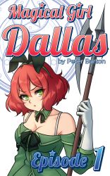 Rule 34 | &gt;:/, 1girl, :/, bare shoulders, breasts, cleavage, commentary, copyright name, cover, cover page, detached collar, detached sleeves, furrowed brow, gloves, green eyes, hairband, halberd, highres, holding, holding weapon, large breasts, looking at viewer, magic circle, magical girl dallas, monorus, polearm, red hair, serious, short hair, simple background, solo, upper body, v-shaped eyebrows, weapon, white background, white gloves