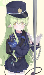 Rule 34 | 1girl, absurdres, belt, black belt, black hat, black jacket, black skirt, black tail, blue archive, blush, buttons, closed mouth, commentary, cowboy shot, cuffs, demon tail, double-breasted, earrings, gloves, green hair, hat, hikari (blue archive), highres, jacket, jewelry, kucu, long hair, long sleeves, pantyhose, peaked cap, pleated skirt, pointy ears, pout, shackles, sidelocks, simple background, single earring, skirt, solo, symbol-only commentary, tail, white gloves, white pantyhose, yellow background, yellow eyes