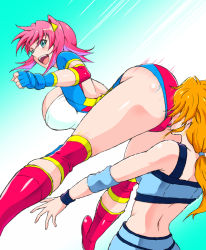 Rule 34 | 2girls, ass, blue eyes, boots, elbow pads, face in ass, fingerless gloves, gloves, hibino aki, hip attack, knee pads, leotard, multiple girls, open mouth, original, pink hair, smile, thighs, wrestling, wrestling outfit, yonecchi