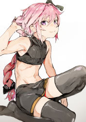 Rule 34 | 1boy, absurdres, androgynous, astolfo (fate), bare arms, bare shoulders, black ribbon, black shirt, black shorts, black thighhighs, braid, bulge, closed mouth, commentary, crop top, cropped shirt, fate/apocrypha, fate (series), hair ribbon, highres, hiranko, long hair, looking at viewer, male focus, midriff, navel, pink eyes, pink hair, ribbon, shirt, shorts, simple background, solo, thighhighs, trap, tress ribbon, very long hair, white background