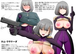 Rule 34 | 1girl, assassin, blush, bodysuit, breasts, coat, grey hair, gun, highres, large areolae, large breasts, nipples, no bra, original, red eyes, shaking, short hair, tapubain, topless, translated, weapon
