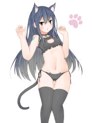 Rule 34 | 1girl, animal ears, arute arisu, bell, black bra, black panties, black thighhighs, blue eyes, blue hair, blush, bra, breasts, cat ears, cat lingerie, cat tail, cleavage cutout, clothing cutout, fairy tail, highres, jingle bell, long hair, looking at viewer, matching hair/eyes, meme attire, navel, panties, side-tie panties, simple background, small breasts, solo, tail, tattoo, thighhighs, underwear, underwear only, wendy marvell, white background