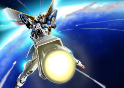 Rule 34 | absurdres, aiming, atmospheric entry, aura, beam rifle, burning, commentary request, directed-energy weapon, earth (planet), embers, energy, energy cannon, energy gun, energy weapon, exhaust, fire, flying, friction burn, glowing, glowing eyes, green eyes, gundam, gundam wing, heat, highres, kumichou (ef65-1118-ef81-95), mecha, meteor, missing limb, no humans, planet, plasma, robot, solo, space, thrusters, weapon, wing gundam