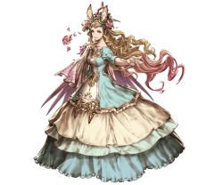 Rule 34 | 10s, 1girl, animal ears, brown eyes, cape, dress, erune, flower, frills, full body, gold trim, granblue fantasy, hair flower, hair ornament, horse girl, jewelry, juliet sleeves, light brown hair, long sleeves, looking at viewer, minaba hideo, mishra, official art, puffy sleeves, smile, solo, transparent background