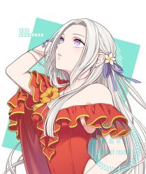 Rule 34 | 1girl, breasts, edelgard von hresvelg, edelgard von hresvelg (summer), fire emblem, fire emblem: three houses, fire emblem heroes, flower, frilled one-piece swimsuit, frills, hair flower, hair ornament, hand in own hair, highres, hiyori (rindou66), jewelry, long hair, looking up, medium breasts, necklace, nintendo, off-shoulder one-piece swimsuit, off shoulder, official alternate costume, one-piece swimsuit, purple eyes, red one-piece swimsuit, solo, swimsuit, white hair