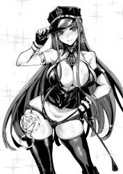 Rule 34 | 1girl, absurdres, armlet, black gloves, black panties, blush, breasts, cleavage, cleopatra (fate), cowboy shot, dominatrix, earrings, fate/grand order, fate (series), fingerless gloves, gggg, gloves, greyscale, grin, hat, highleg, highleg panties, highres, jewelry, large breasts, long hair, looking at viewer, midriff, monochrome, panties, parted lips, riding crop, short shorts, shorts, smile, solo, sweat, thighhighs, thighs, underwear, very long hair
