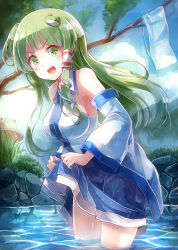 Rule 34 | 1girl, 60mai, blue skirt, clothes lift, day, detached sleeves, frog hair ornament, green eyes, green hair, hair ornament, hair tubes, kochiya sanae, lifting own clothes, long hair, looking at viewer, outdoors, skirt, skirt lift, smile, snake hair ornament, solo, solo focus, summer, touhou, v-shaped eyebrows, wading, water, wide sleeves