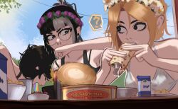 Rule 34 | 3girls, ?, angry, bikini, black eyes, black hair, black sports bra, blonde hair, blue sky, can, can opener, covering own mouth, drink can, eating, flat chest, flower wreath, food, food on face, freckles, glasses, hair ornament, hair stick, highres, holding, holding food, jessie (veyonis), messy hair, mika (veyonis), multiple girls, nose piercing, original, outdoors, piercing, ponytail, sky, sports bra, strap slip, surprised, surstromming, swimsuit, table, tank top, veyonis, vomiting rainbows, white bikini, yuna (veyonis)