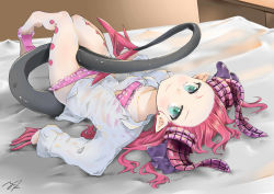 Rule 34 | 10s, 1girl, absurdres, between legs, bikini, blue eyes, collarbone, curled horns, dragon horns, dragon tail, dress shirt, elizabeth bathory (fate), elizabeth bathory (fate/extra ccc), fang, fate/extella, fate/extra, fate (series), frilled bikini, frills, highres, horns, looking at viewer, lying, nightstand, official alternate costume, on back, on bed, partially unbuttoned, pink bikini, pink hair, pointy ears, polka dot, polka dot bikini, sandals, shirt, signature, smile, solo, swimsuit, tahira ureka, tail, tail between legs, wet, wet clothes, wet shirt