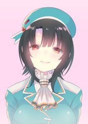 Rule 34 | 1girl, ascot, beret, black hair, blouse, blue hat, blue jacket, blush, breasts, closed mouth, hat, highres, jacket, kantai collection, large breasts, looking at viewer, pink background, red eyes, shirt, simple background, smile, solo, takao (kancolle), tsukimochikuriko (tsukimochi k), upper body, white ascot, white shirt