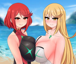 Rule 34 | 2girls, beach, blonde hair, blurry, blurry background, breast press, breasts, cloud, competition swimsuit, large breasts, long hair, multiple girls, mythra (radiant beach) (xenoblade), mythra (xenoblade), ocean, one-piece swimsuit, outdoors, pyra (pro swimmer) (xenoblade), pyra (xenoblade), red hair, sand, short hair, sky, swimsuit, symmetrical docking, the only shoe, water, xenoblade chronicles (series), xenoblade chronicles 2