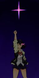 Rule 34 | absurdres, arm up, blouse, collared shirt, dark, diffraction spikes, four pointed star, glowing, gradient background, graphite (medium), highres, jacket, kill la kill, matoi ryuuko, multicolored hair, night, popped collar, purple background, school uniform, shirt, solo, standing, streaked hair, sukajan, traditional media, white shirt