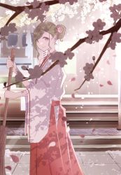 Rule 34 | 1girl, alternate costume, asymmetrical bangs, blurry, broom, cherry blossoms, depth of field, falling petals, green hair, hair bun, hakama, hakama skirt, highres, idolmaster, idolmaster shiny colors, japanese clothes, kimono, looking at viewer, looking to the side, miko, nanakusa hazuki, nasu danshaku, outdoors, petals, red hakama, single hair bun, skirt, smile, solo, stone floor, white kimono, wide sleeves
