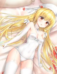 Rule 34 | 1girl, ag-2c sirene, armpits, blonde hair, blush, breasts, bridal gauntlets, bridal veil, bride, dress, elbow gloves, gloves, gukukimu, hat, highres, last origin, leotard, long hair, looking at viewer, navel, on bed, red hair, sailor hat, skindentation, small breasts, solo, thighhighs, twintails, veil, white thighhighs