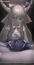 Rule 34 | absurdres, artist name, bare shoulders, belt, blurry, blurry foreground, bow, bowtie, breasts, brown eyes, brown hair, chain, commentary request, dark background, depth of field, expressionless, hair between eyes, hair bow, head tilt, highres, horn ornament, horn ribbon, horns, huge filesize, ibuki suika, jack masser, leaning back, light blush, long hair, looking at viewer, oni horns, parted lips, perspective, purple skirt, red bow, red bowtie, ribbon, shirt, sidelocks, simple background, sitting, skirt, sleeveless, sleeveless shirt, small breasts, solo, torn clothes, touhou, very long hair, white shirt