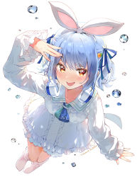 Rule 34 | 1girl, animal ears, blue hair, carrot hair ornament, dated, dress, food-themed hair ornament, frilled dress, frills, hair ornament, hair ribbon, headphones, headphones around neck, hikimayu, hololive, kintotomaturi, official alternate costume, open mouth, orange hair, rabbit ears, ribbon, simple background, socks, solo, thick eyebrows, two side up, usada pekora, usada pekora (casual), virtual youtuber, water drop, white background